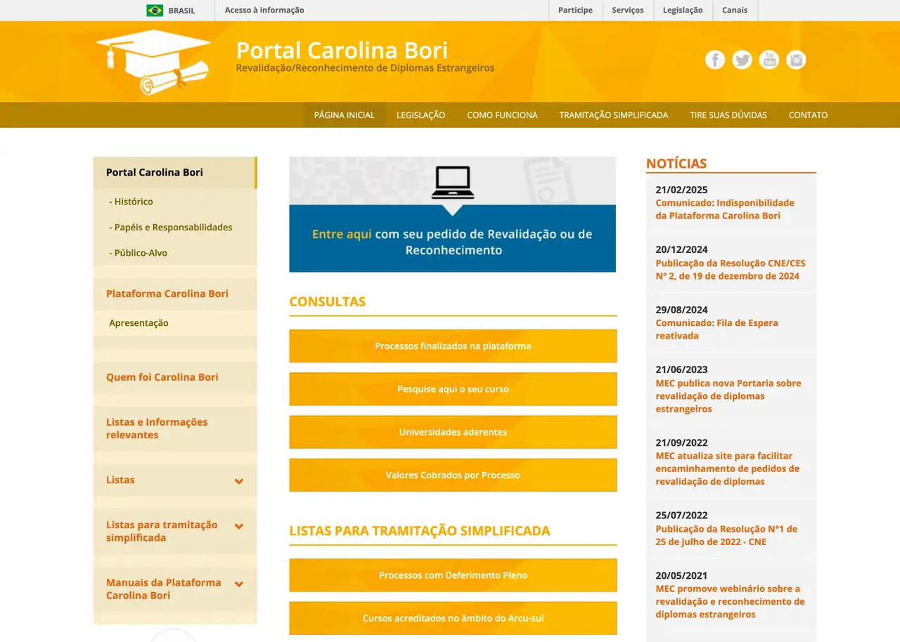 Tela do Portal Carolina Bori do MEC, com os botões de consulta de processos finalizados, cursos e universidades aderentes