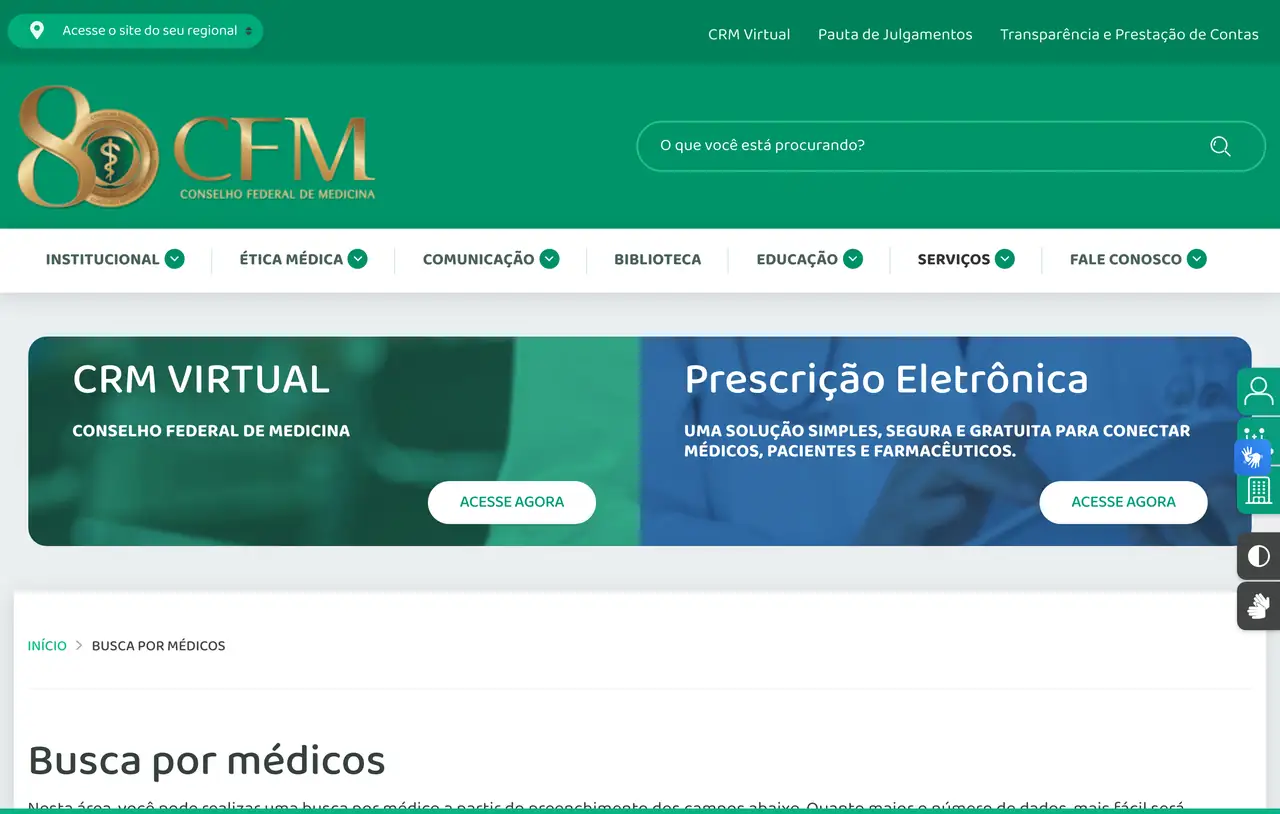 Tela da página Busca por médicos do Conselho Federal de Medicina