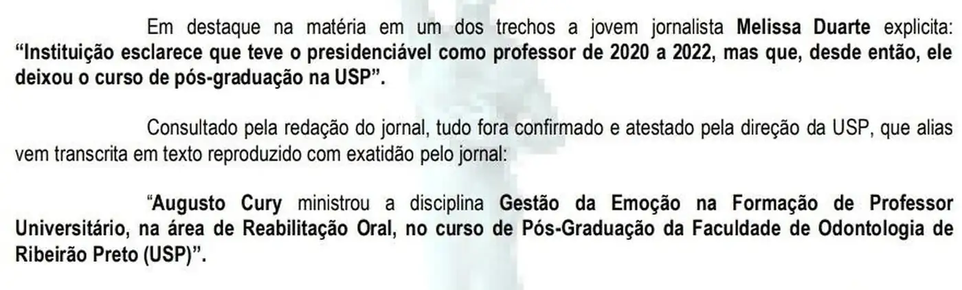 Recorte da nota de repúdio com os parágrafos 2, 3 e 4, em que a nota cita o trecho atribuído à repórter e transcreve a resposta da USP