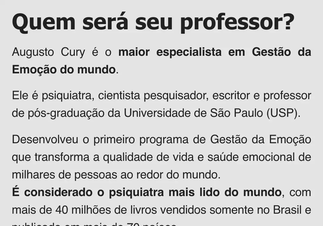 Trecho Quem será seu professor? do site augustocury.com.br, com a frase professor de pós-graduação da Universidade de São Paulo (USP), cópia do Internet Archive de 8 de setembro de 2026